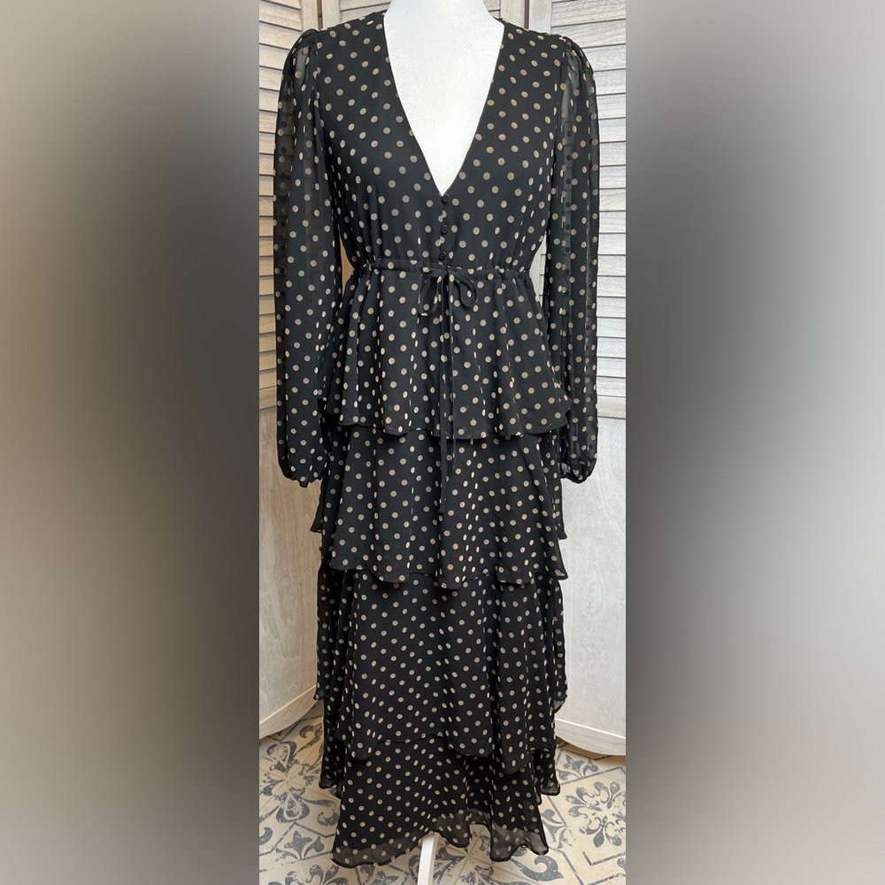 Zara szS l/sleeve,4 layers of ruffles w/waist tie.black dress w/tan polka dots